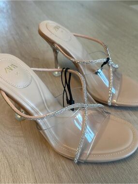 Zara Blush Pink Clear Strap Heels with Rhinestone Trim